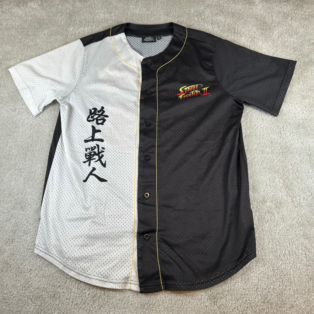 Street Fighter II Baseball Jersey Mens Medium Black White Graphic Mesh Button Up